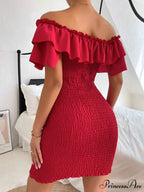 Tie Front Off Shoulder Ruffle Trim Shirred Bodycon Dress