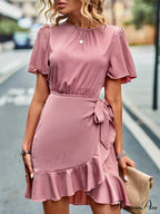 Tie Gown Color Solid Ruffle Waist for Women