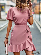 Tie Gown Color Solid Ruffle Waist for Women