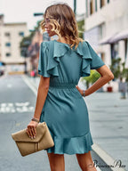 Tie Gown Color Solid Ruffle Waist for Women