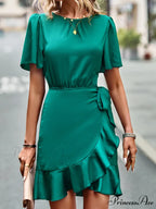 Tie Gown Color Solid Ruffle Waist for Women