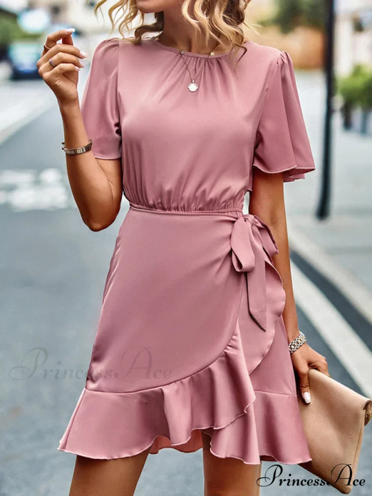 Tie Gown Color Solid Ruffle Waist for Women