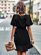 Tie Gown Color Solid Ruffle Waist for Women