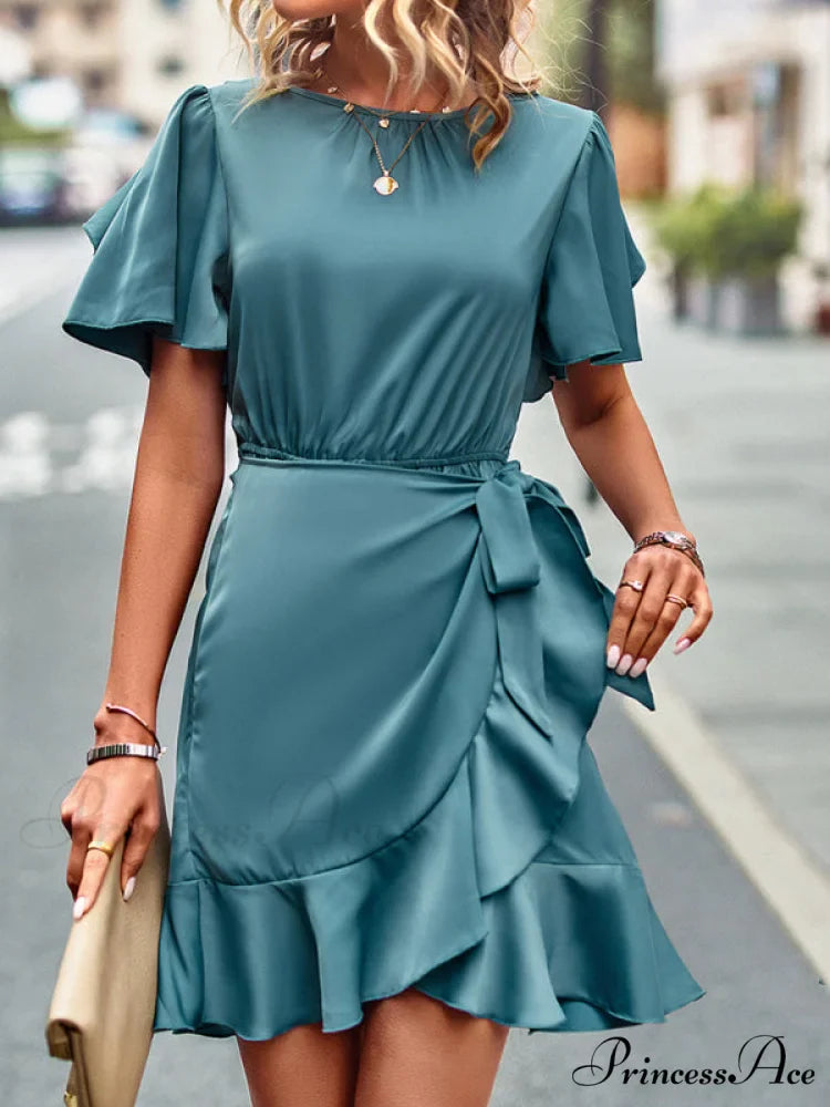 Tie Gown Color Solid Ruffle Waist for Women