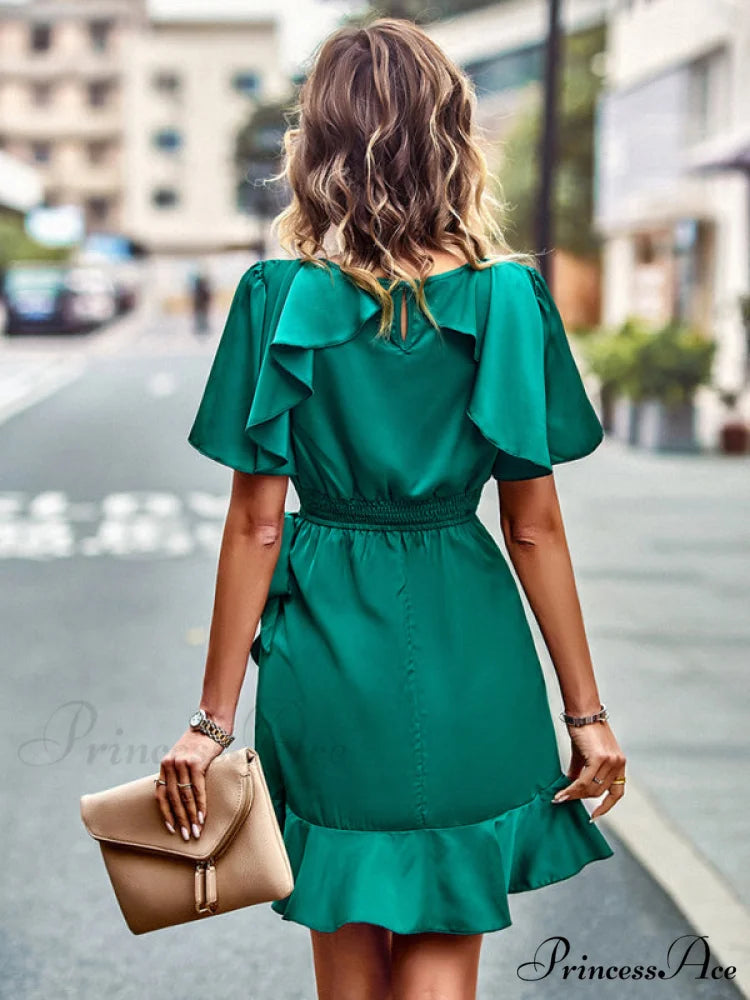 Tie Gown Color Solid Ruffle Waist for Women