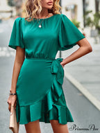 Tie Gown Color Solid Ruffle Waist for Women