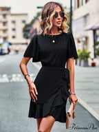 Tie Gown Color Solid Ruffle Waist for Women