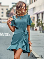 Tie Gown Color Solid Ruffle Waist for Women