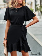 Tie Gown Color Solid Ruffle Waist for Women