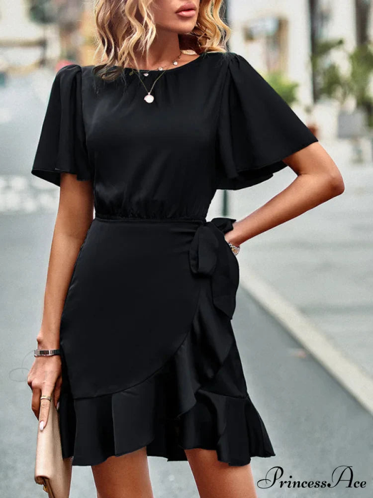 Tie Gown Color Solid Ruffle Waist for Women