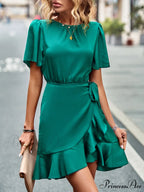 Tie Gown Color Solid Ruffle Waist for Women