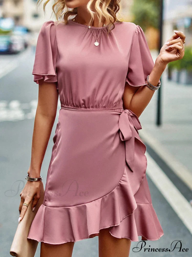 Tie Gown Color Solid Ruffle Waist for Women