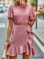 Tie Gown Color Solid Ruffle Waist for Women