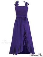 Tie Smock Solid Color Shoulder Slit Ruffle Midi for Gown Women