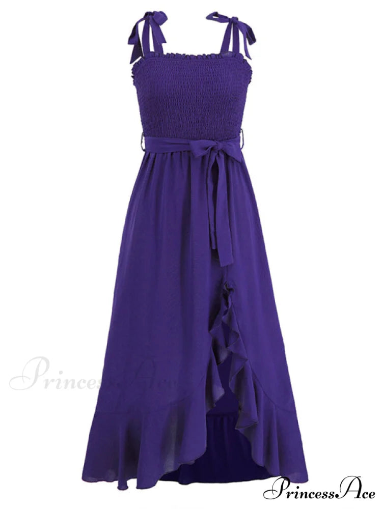 Tie Smock Solid Color Shoulder Slit Ruffle Midi for Gown Women