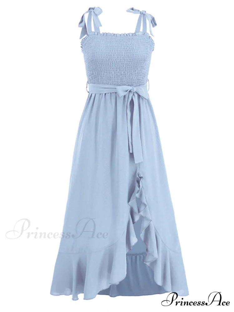 Tie Smock Solid Color Shoulder Slit Ruffle Midi for Gown Women