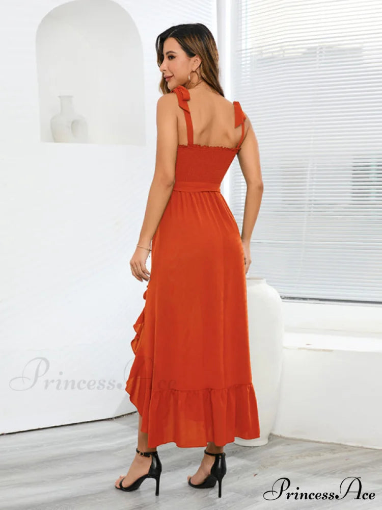 Tie Smock Solid Color Shoulder Slit Ruffle Midi for Gown Women