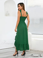 Tie Smock Solid Color Shoulder Slit Ruffle Midi for Gown Women
