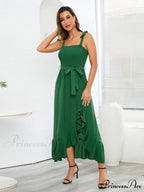 Tie Smock Solid Color Shoulder Slit Ruffle Midi for Gown Women
