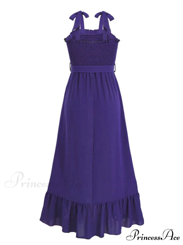 Tie Smock Solid Color Shoulder Slit Ruffle Midi for Gown Women