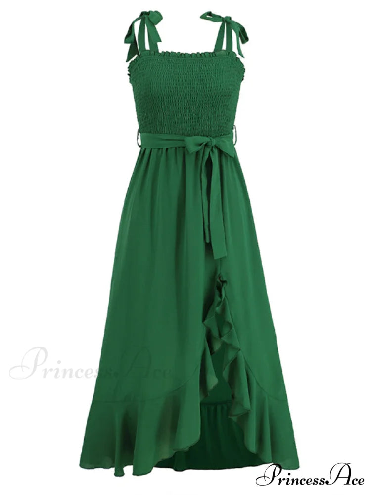 Tie Smock Solid Color Shoulder Slit Ruffle Midi for Gown Women