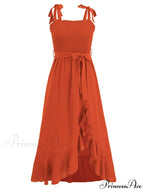 Tie Smock Solid Color Shoulder Slit Ruffle Midi for Gown Women