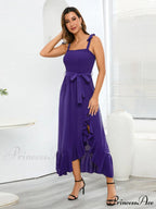 Tie Smock Solid Color Shoulder Slit Ruffle Midi for Gown Women