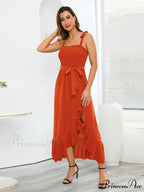 Tie Smock Solid Color Shoulder Slit Ruffle Midi for Gown Women