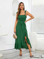 Tie Smock Solid Color Shoulder Slit Ruffle Midi for Gown Women
