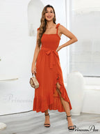Tie Smock Solid Color Shoulder Slit Ruffle Midi for Gown Women