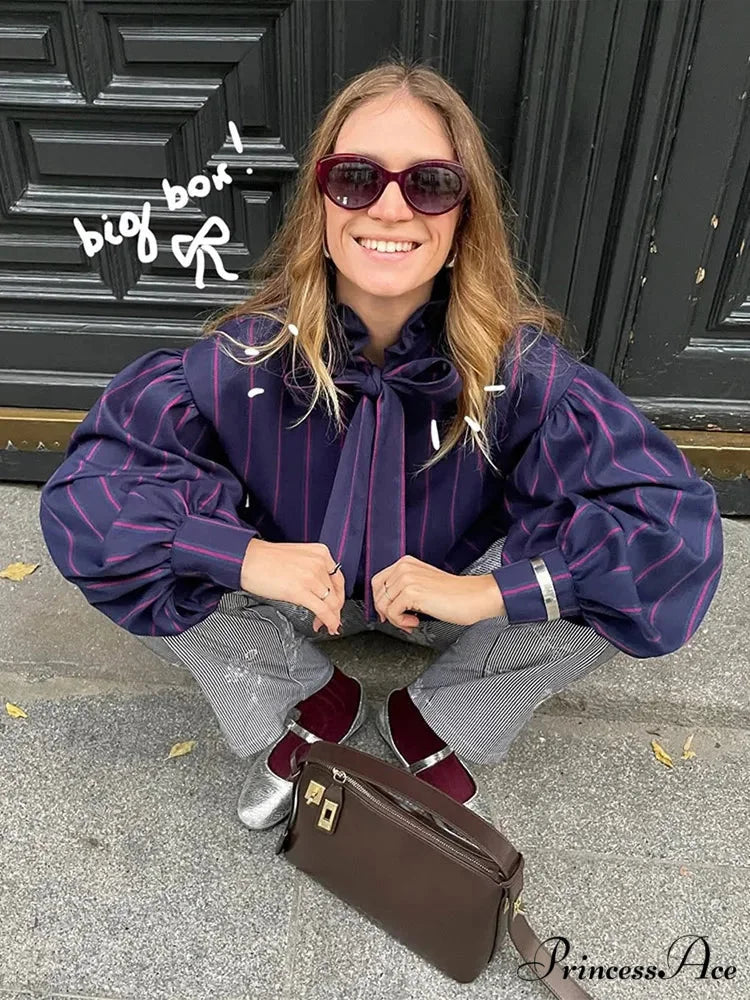 Tie Up Crash Striped Circular Neck Blouse