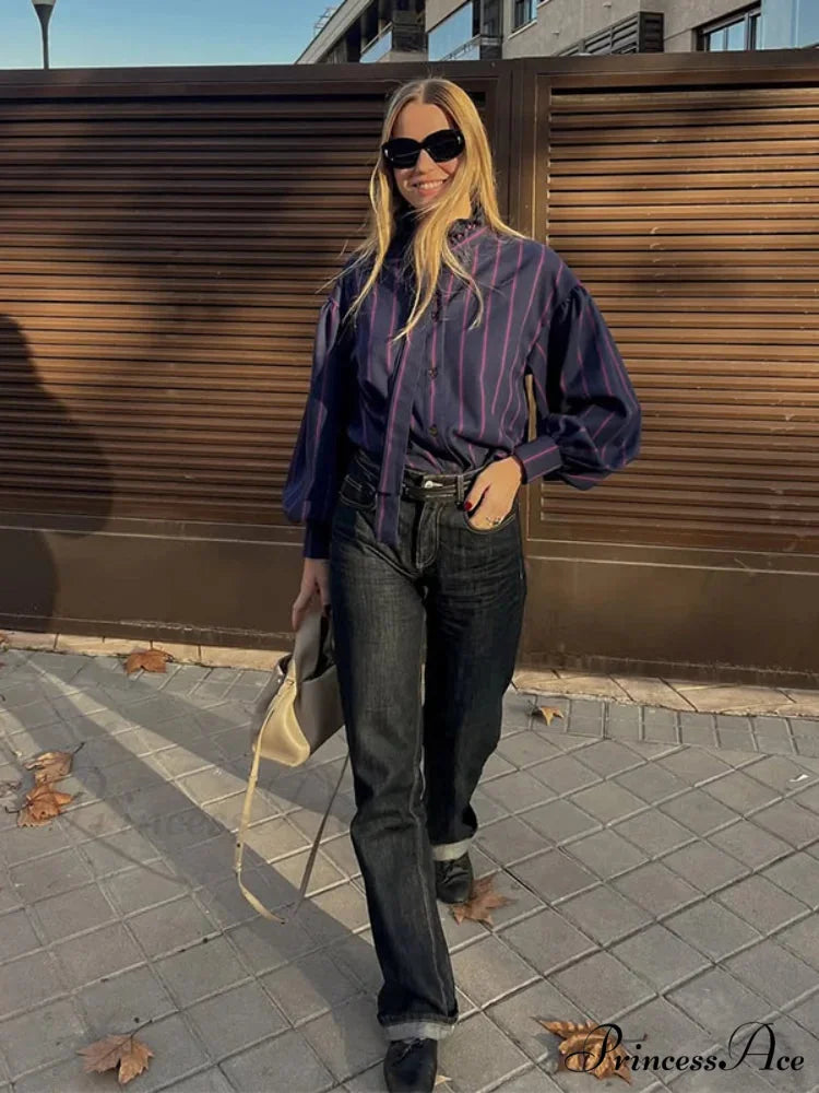 Tie Up Crash Striped Circular Neck Blouse