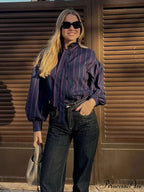 Tie Up Crash Striped Circular Neck Blouse