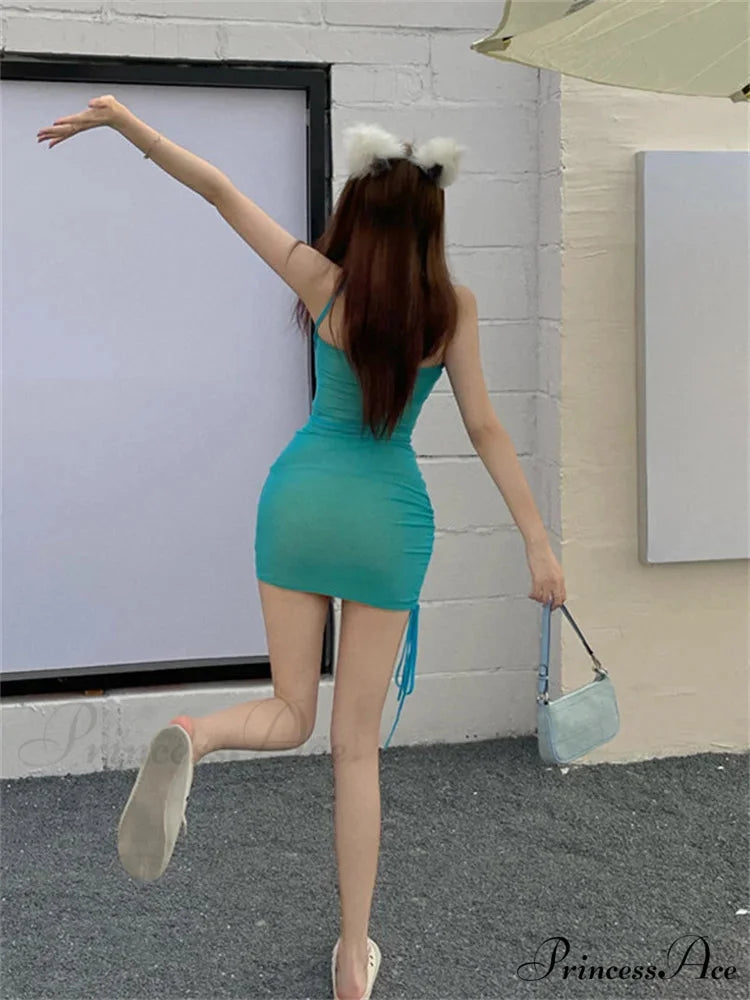 Tie up Halter Fashion Contrast Color Mesh Mini Dress