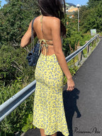 Tie-Up Halter Flower Open-Back Bodycon Dress