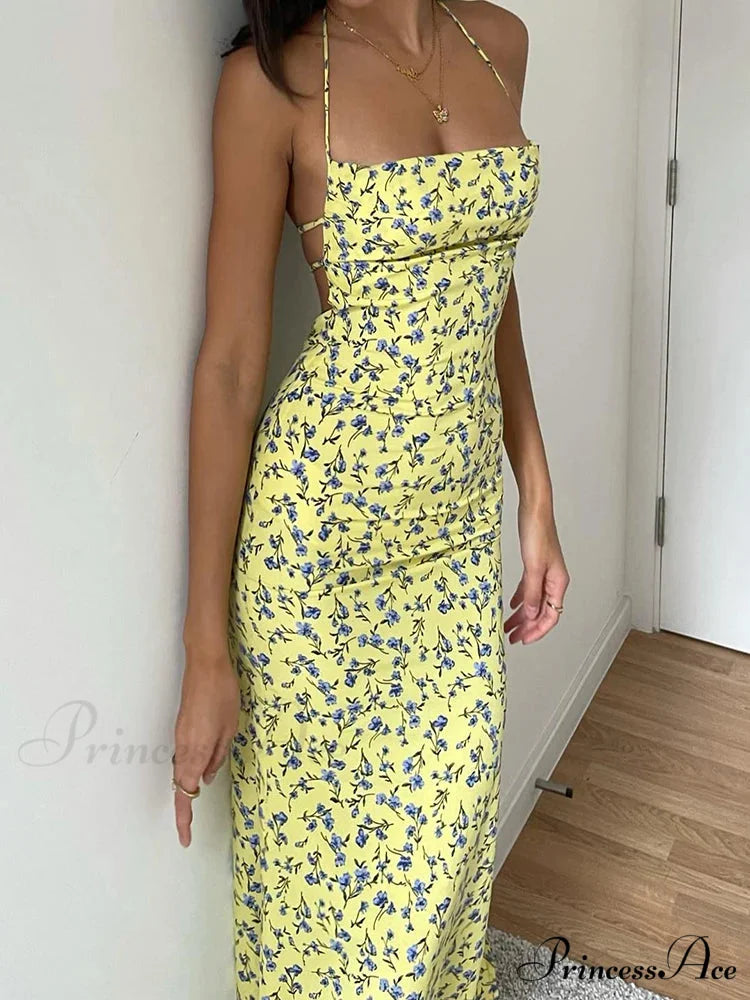 Tie-Up Halter Flower Open-Back Bodycon Dress