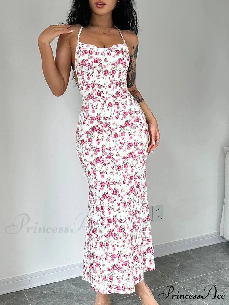 Tie-Up Halter Flower Open-Back Bodycon Dress