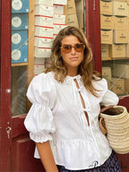 Tie-Up Lace-Up Puff Sleeve Midi Blouse