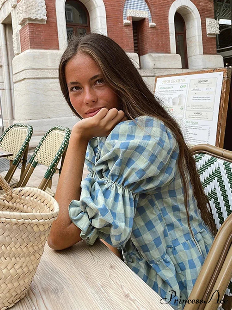 Tie-Up Lace-Up Puff Sleeve Midi Blouse