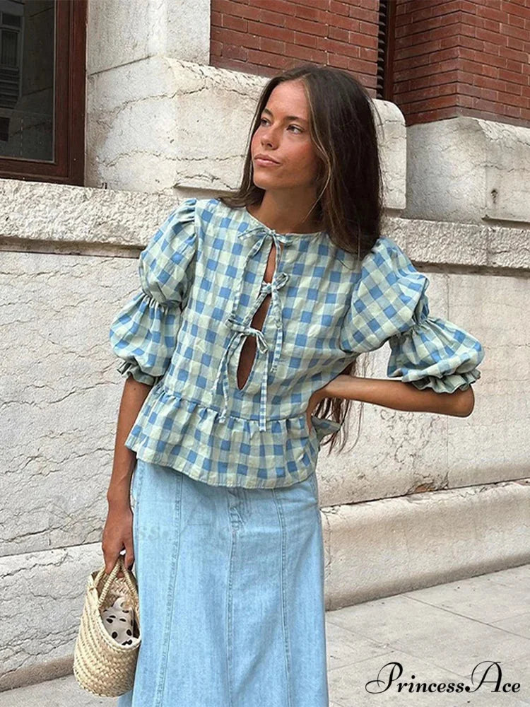 Tie-Up Lace-Up Puff Sleeve Midi Blouse