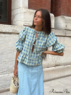 Tie-Up Lace-Up Puff Sleeve Midi Blouse