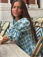 Tie-Up Lace-Up Puff Sleeve Midi Blouse