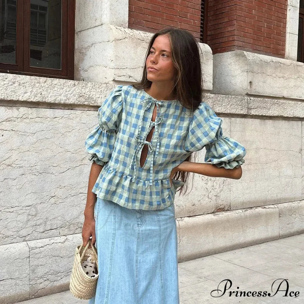 Tie-Up Lace-Up Puff Sleeve Midi Blouse