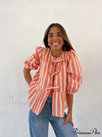 Tie-Up Lace-Up Puff Sleeve Midi Blouse