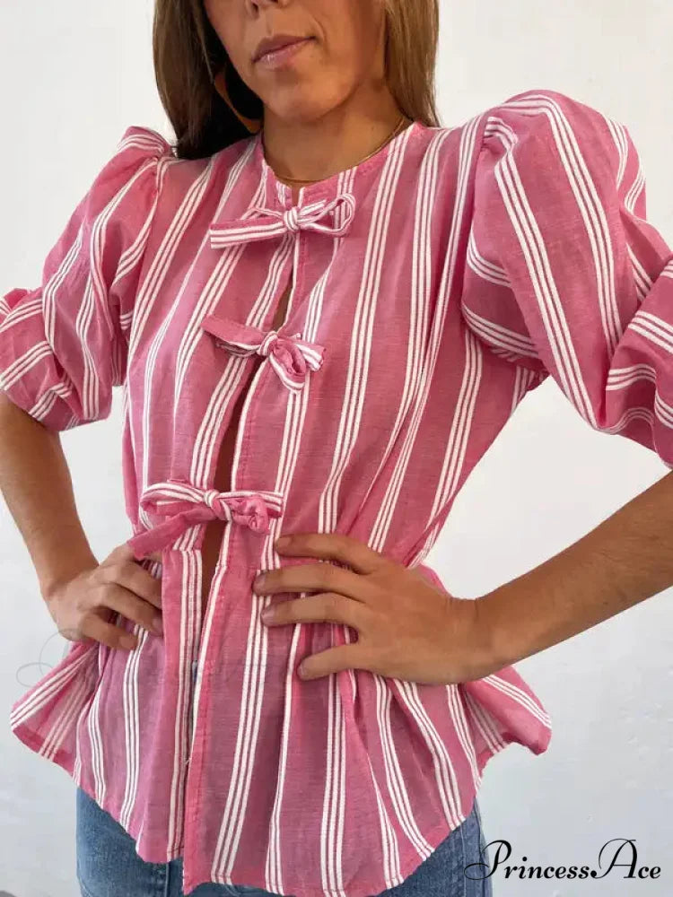 Tie-Up Lace-Up Puff Sleeve Midi Blouse