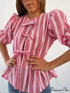 Tie-Up Lace-Up Puff Sleeve Midi Blouse