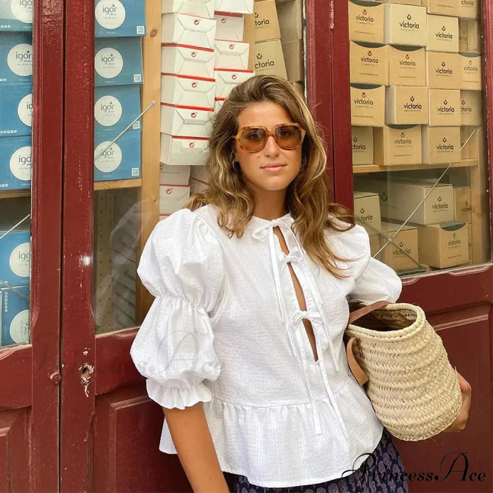 Tie-Up Lace-Up Puff Sleeve Midi Blouse