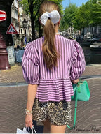 Tie Up Striped Round-neck Baggy Short Sleeve Blouse