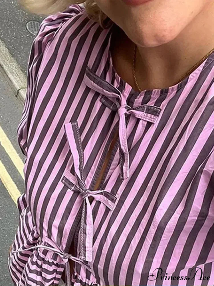 Tie Up Striped Round-neck Baggy Short Sleeve Blouse