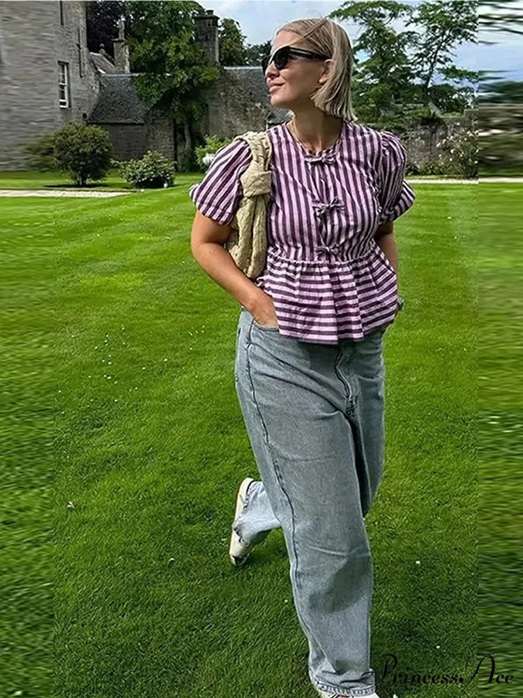 Tie Up Striped Round-neck Baggy Short Sleeve Blouse
